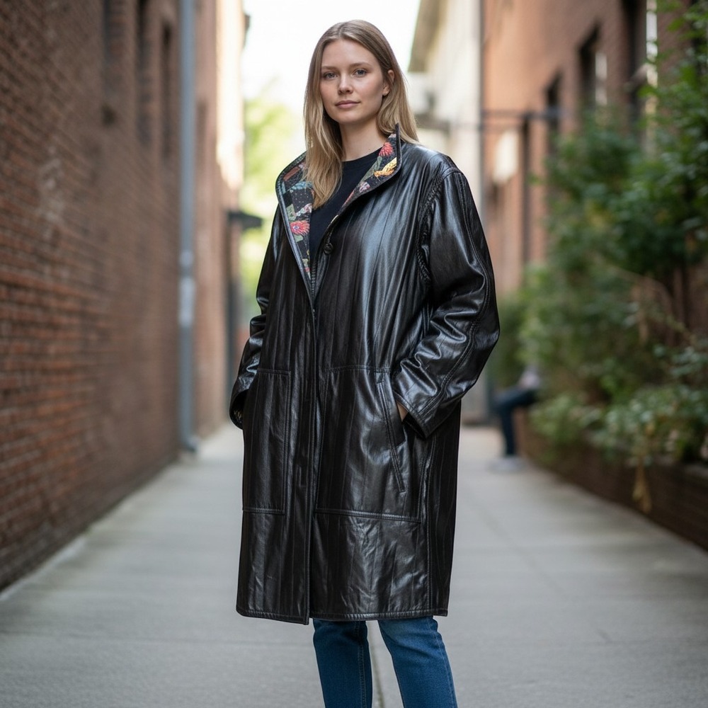 Koos Women Trench Coat M Black Vinyl Feather Trim Vtg Artsy Streetwear Goth Fall